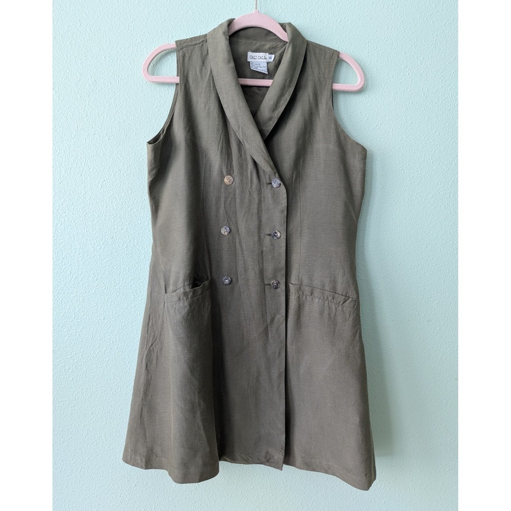 Vintage‎ 90s Cali Cali Silk Linen Double Breasted Vest Dress Olive Green Size 10